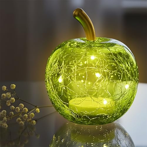 Spetebo Vetro LED da discoteca, mela, 7 cm, verde, frutta decorativa effetto sfera da discoteca, con timer, lampada da tavolo con catena di luci a batteria, con timer