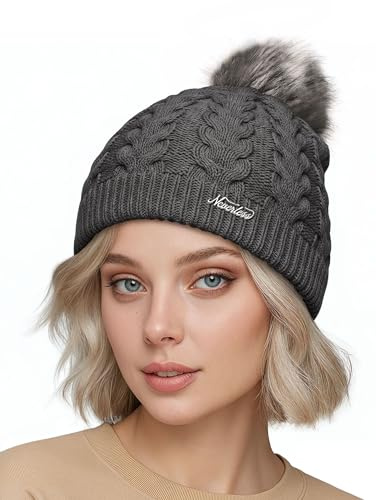Neverless® Damen Strickmütze mit Fleecefutter Pudelmütze Wintermütze Warm & Gefüttert mit Bommel Model 1975 Dunkelgrau Unisize