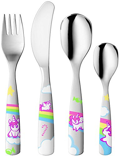 GNALI & ZANI Kinderbesteck Set 4-tlg, Einhornmotiv, rostfreier Edelstahl | Kindergeschirr, ab 3 Jahre, ergonomische Griffe, spülmaschinenfest bis 50°C, rostfreier Edelstahl, Geschenkbox