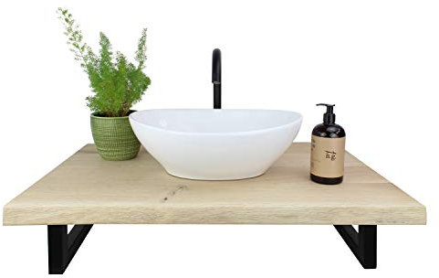 Natural Goods Berlin Waschtischplatte Eiche Aufsatz-Waschbecken Baumkante Echtholzbohle Naturkante Massivholz Design Waschtisch schwebend Wandmontage Badezimmer Holzplatte (B100 x T50cm, Industrial)