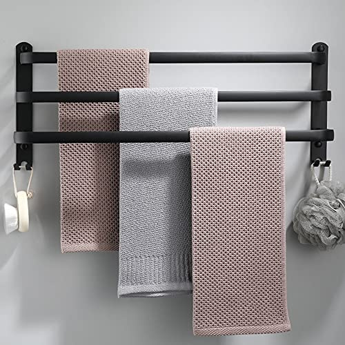 Handtuchhalter Bad 3 Tier, Aluminium Handtuchregal, Wandmontage 3-Stöckig Handtuchstange mit Haken 60CM Schwarze Wasserdicht Rust Badetuch Handtuchhalter für Badezimmer/Küche/Handtuch Halter