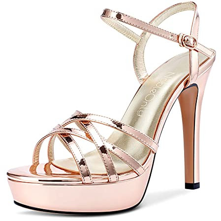 NobleOnly Donna Sandali Plateau Cinturino alla Caviglia Fibbia Slingback Tacco a Spillo 13CM High Heels Oro Scarpe EU39.5