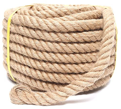 Heavy Duty Jute Rope - 1 Inch, 50 Feet, Natural Hemp for Crafts, Gardening, Bundling, Climbing, Hammock, Nautical, Tug of War, Railings, Home Decorating