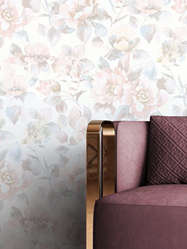 NEWROOM Papier peint Rose Fleur Intissé - Floral Blanc Feuilles Romantique