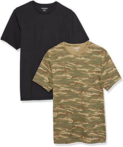 Amazon Essentials T-shirt ajusté à encolure ronde et manches courtes Homme, Lot de 2, Noir/Vert Imprimé Motifs Camouflage, L