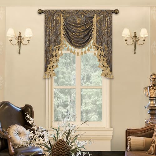 Loom and Mill Antiker Damast-Volant für Wohnzimmer, Breite 99 cm | Jacquard-Volant-Vorhänge mit Quasten, 1 Vorhang, Stangentasche, Fenstervolants für Schlafzimmer, Bankett, Urlaubsdekoration