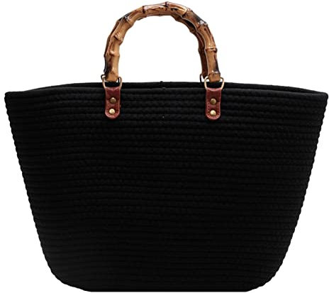 liuduo Handtaschen aus Baumwolle, gewebt, mit Bambusgriff, Damen, gewebt, große Kapazität, tragbar, lässig, Mode for Partys am Meer