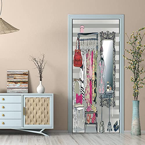 3D Door Wallpaper Self Adhesive Door Sticker Poster Mural Art Wall Sticker Photo Abstract Dressing Room 100 X 215 Cm for Living Room Bedroom Bathroom Kitchen Office PVC Removable Door Decoration