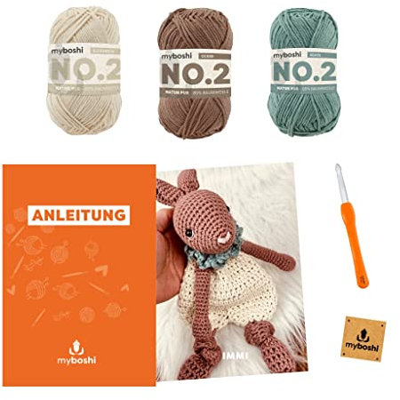 myboshi Häkelset Schmusetuch Hase Immi, inkl. No.2 Wolle, Häkelnadeln, Füllwatte, Anleitung und original Label in Lederoptik, 85% Baumwolle, 15% Kapok, Braun mit Häkelnadel