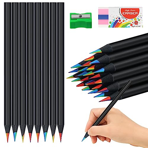 AUAUY 24 PCS Regenbogen Buntstifte, 7 in 1 Regenbogenstift, Regenbogenstifte mit Radiergummis und Bleistiftspitzer, Regenbogen Buntstift für Erwachsene Oder Kinder Kunst Zeichnung, Färbung, Skizzieren