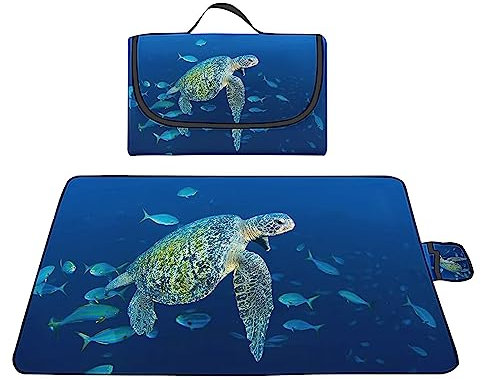 Picknickdecke 200x300cm,XXL Picknickdecke mit Wasserdichter Unterseite,Outdoor Stranddecke Sandfrei,mit Tragegriff Faltbare Picnic Blanket für Camping,Strand,Familie,Konzerte Meeresfisch Schildkröte