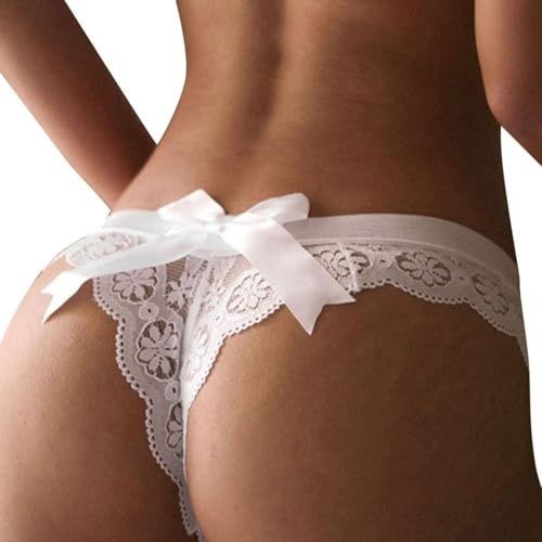 ROSVAJFY Women's Sexy Sheer Lace Thongs Soft Panties Bowknot Ladies Transparent Low Waist G-String Cheeky Underwear Stretchy Knickers (UK, Alpha, S, Regular, Regular, White)