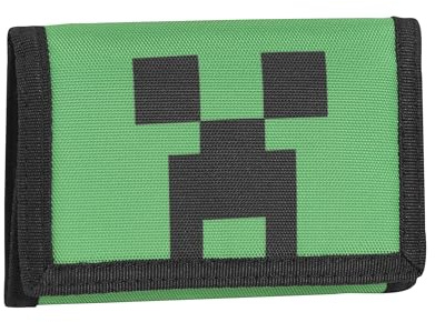 MINECRAFT - Portafoglio E Portamonete 3 Ante, Chiusura a Strappo, Portafoglio Unisex Bambini E Ragazzi, Porta Monete Con Chiusura A Zip, Cm 13,5x9,5h - Verde
