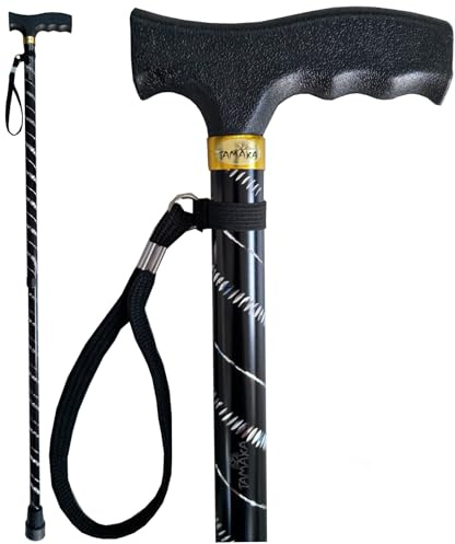 TAMAKA® Damen-Gehstock, schwarz, mit silberfarbener Gravur, meliertes Streifenmuster, verstellbar, einteilig, schöner Gehstock, glitzernd, trendig, modisch, glitzernd, 58,4 cm – 97,8 cm