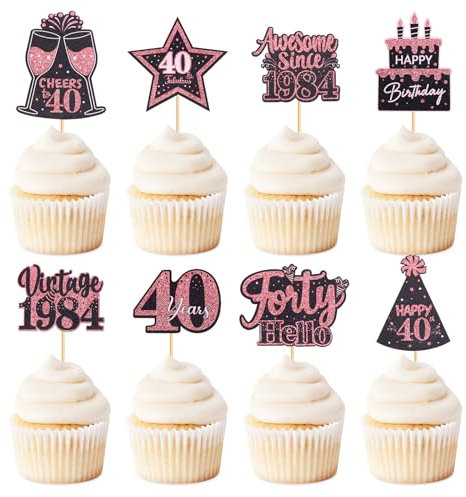 Blumomon 24 Pcs 40th Happy Birthday Cake Topper Glitter Happy 40th Cupcake Topper Cheers to 1984，Cake Decoration for 40th Birthday Party Decoration Supplies 40th Anniversary Cake Topper