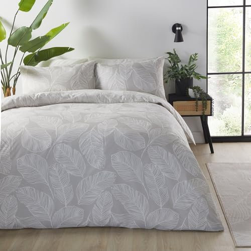 Fusion Matteo Natural Leaf Print Duvet Cover – King Size 230x220cm – Reversible Design – Soft Cotton – White & Linen Botanical Bedding – 2 Pillowcases Included