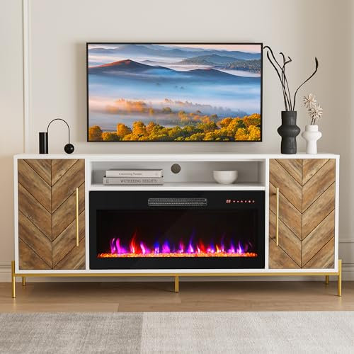 BELLEZE Soporte de madera para TV de 68 pulgadas con chimenea eléctrica de 36 pulgadas, centro de entretenimiento con armario de almacenamiento, mesa consola para televisores de hasta 75 pulgadas,
