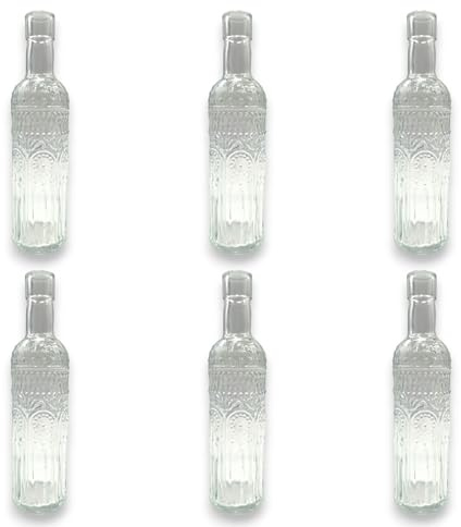 Generico 6 Bottiglie Piccole in Vetro Trasparenti con Decorazione, Capienza 200 ml Circa, Altezza 20 cm Diametro Base 5 cm Decorazione per Casa Tavolo Festa, Vaso Porta Fiori Centro Tavola