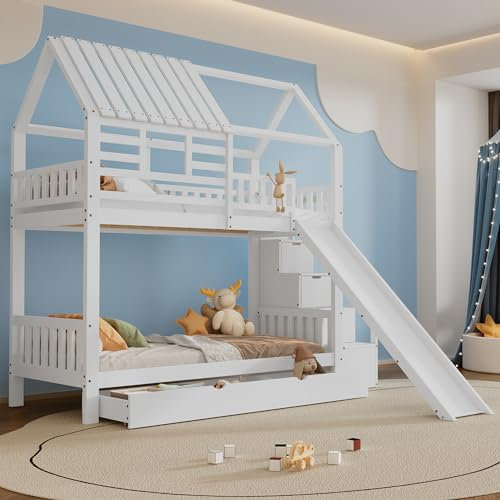 Dolamaní Letto a castello 90 x 200 cm con scala e scivolo, scala con vano portaoggetti, telaio in legno di pino, culla con finestra e tetto, con griglia anticaduta e cassetto, bianco (B+ scivolo)