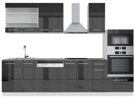 Vicco Küchenzeile Fame-Line, Anthrazit Hochglanz/Weiß, 300 cm | 8 Module · Höhenverstellbare Füße · AP Anthrazit inkl. · MDF-Fronten · Softclose · Metallgriffe