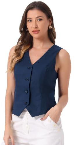Allegra K Gilet Donna Estivo Senza Maniche Bottoni Scollo a V Blazer Profondo blu S