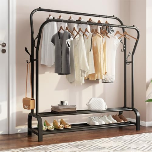 Dripex Metal Clothes Rail Clothing Rack with Double Hanging Rails, Free Standing Garment Display Coat Stand for Bedroom, w/ 4 Side Hooks and 2-Tier Lower Storage Shelf Black