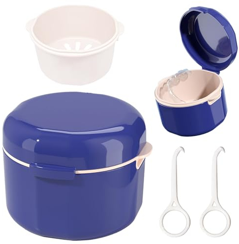 BORISCA Caja Ferula Dental, Limpiador Ferula Dental Caja Limpieza, Caja Aparato Dental con Filtro y Cestillo, Funda Ferula Dental para Guardar y Limpiar Dientes Postizos (Azul oscuro)