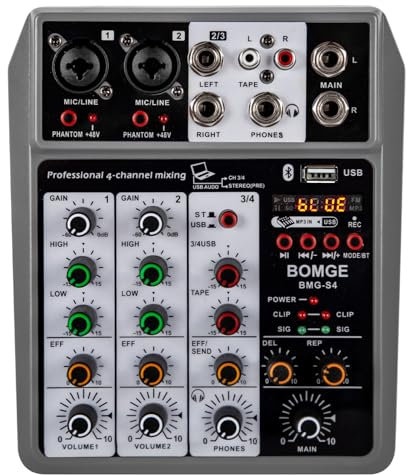 BOMGE Mixer audio professionale, console di mixaggio con 4 canali USB digitale Bluetooth effetto ritardo, ingresso 48 V Phantom Power Stereo DJ mixer per registrazione, live streaming, podcasting