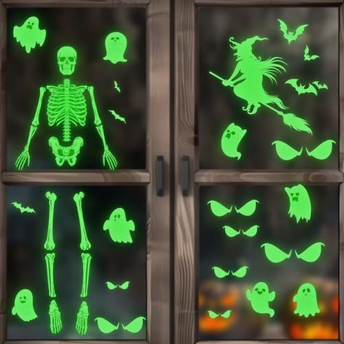 4 Pcs Halloween Luminous Stickers, Glow in The Dark Decorations Halloween Skeleton Ghost Window Clings Glow Wall Stickers for Halloween Party Home Wall Window Mirror Decoration