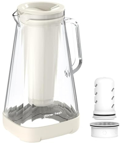 GLACIER FRESH Caraffa filtrante natalizia in vetro, 2,5 l, 1 carbone attivo + 1 filtro ultrafiltrazione, rimuove cloro, fluoro, calcare, metalli pesanti come piombo, rame, bianco