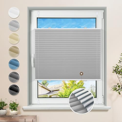 Plissee ohne Bohren Verdunkelung Klemmfix Hellgrau 70x130cm Thermo Plissees 100% Verdunklung Rollos für Fenster & Tür Verdunklungsplissee ohne Bohren Sichtschutz und Sonnenschutz