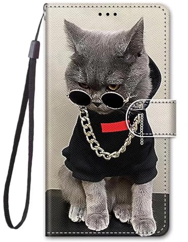 Hülle für iPhone 16 Handyhülle Premium PU Leder iPhone 16 Handy Hüllen [Standfunktion] [Kartenfach] [Magnetverschluss] Flip Case Schutzhülle Etui für iPhone 16 Coole Katze mit Brille