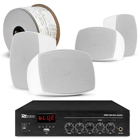 Power Dynamics 4x PD BHW30WH 100V Line Wall Speakers System with PDM25 Bluetooth Mixer Amplifier, Weatherproof IPX5 Two-Way Indoor/Outdoor Sound for Cafe and Small Office Music