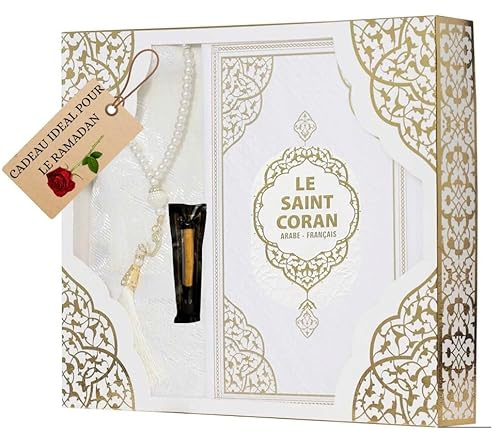 Imani Aksa Coffret Cadeau Musulman-Saint Coran Tapis de prière, tesbih, Coran- Tapis prière muuslman- Islam-Ramadan,Aïd Hajj, Umrah, Mariage, Naissance, Mevlid Muslim (Blanc (Arabe et français))