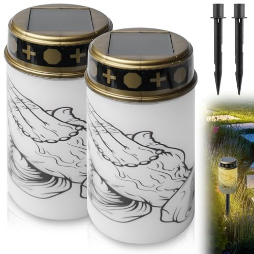 GAOUTO 2 luci funerarie a LED a energia solare, per esterni, impermeabili, con sensore di luce, per tomba, con picchetto, 7,2 x 11,8 cm