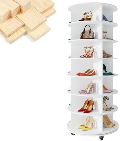RsxPtyxagoros Schuhregal mit 7 Ebenen, um 360 ° drehbar, drehbares Schuhregal, drehbares Schuhregal, Aufbewahrung, rundes Karussell, vertikale Handtasche, drehbar, Schuhschrank, Organisation, Weiß