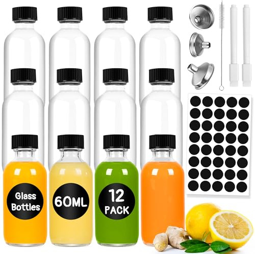 Gucass 12 x Mini Botellas de Cristal 60ml, Botellitas Pequeñas Para Rellenar Embudos, Etiquetas y Bolígrafo, Shots Botellitas Set para Jugo, Jugo de Jengibre, Wellness Shot, Whiskey y Especias
