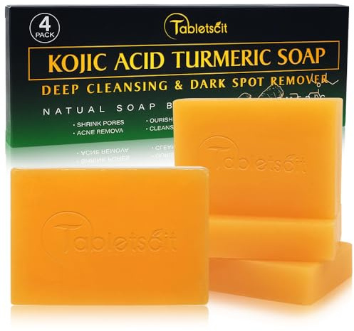 Tabletscit Kojic Acid Turmeric Soap - Dark Spot Remover & Brightening Bar, Natural Face & Body Cleanser with Vitamin C & Hyaluronic Acid, All Skin Types (4 Pack)