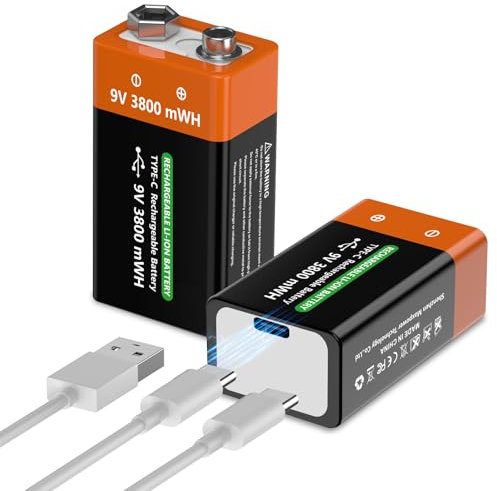 Baterías recargables de 9 V de 3800 mWh. Batería de iones de litio JUBOTY con cable de carga de tipo C para detectores de humo, micrófonos inalámbricos, dispositivos de iluminación LED y más (2, 9 V