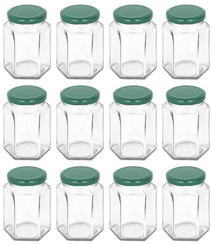 Argon Tableware 250ml Hexagonal Glass Jam Jars with Green Lids - 12x Empty Screw Top Kitchen Food Honey Spice Chutney Preserving Canning Storage Jar Container Glasses Set