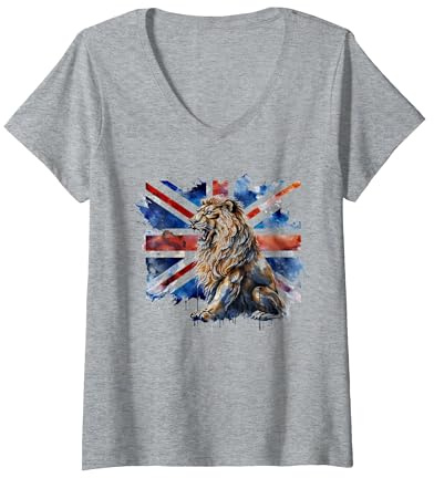 Women's Union Jack Lion Union Jack Flag British Isles UK Flag V-Neck T-Shirt