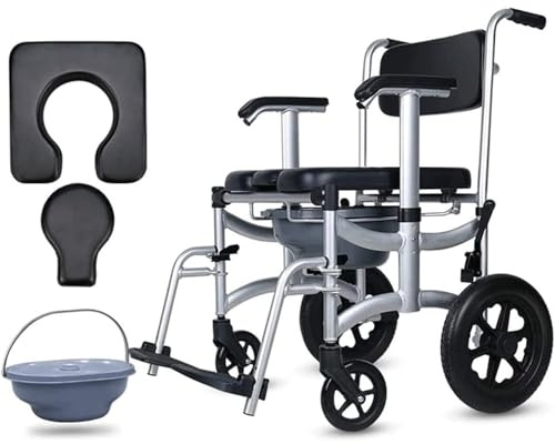 Chaise percée de douche roulante avec roulettes verrouillables, chaise percée de chevet pliable 4 en 1 avec seau amovible pour salle de bain et fauteuil roulant