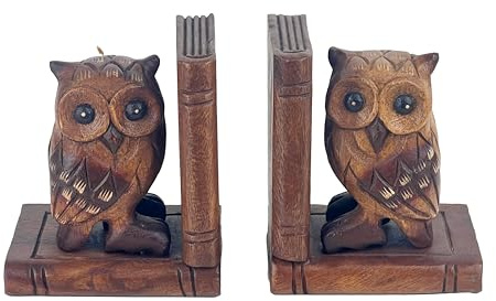 Handcrafted Wooden Owl Bookends, Decorative Book Holders, 17 cm Height, 14 cm Width