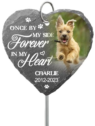 SOUFEEL Personalisierte Grabstein für Hund Katze mit Foto und Text, Personalisierter Gedenkstein mit Haken Pfahl, Grabschmuck Grabplatte für Haustiere, Schiefer Gedenktafel Tiergrabstein