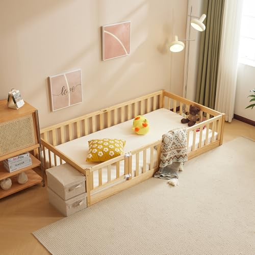 LALAHO Kinderbett 90×200 cm，Montessori Bodenbett mit Freiem Tor （Natur） | mit Herausfallschutz & Lattenrost, Gitterbett Jugendbett Einzelbett – 2 Größen, 300 kg Tragfähigkeit, Umbaubar