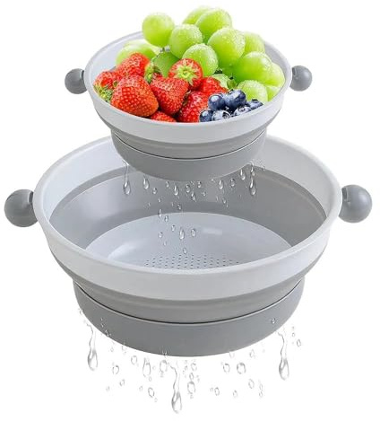 2PCS Collapsible Colander, 2 Size Foldable Kitchen Colander for Pasta Vegetables Fruits, Durable Plastic and Silicone Colanders with Bases Grey Large 32cm Small 22cm