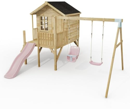 ClassicPlay Premium 5ft Playhouse on Deck with Double Swing and Slide Dusky Pink