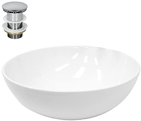 ECD Germany Lavabo da Appoggio in Ceramica Bianco Lucido Rotondo con Piletta Senza Troppopieno Ø 400 x 147 mm Design Moderno Ovale Lavandino Lavello Lavamano Bacinella Rubinetteria Sanitari Bagno