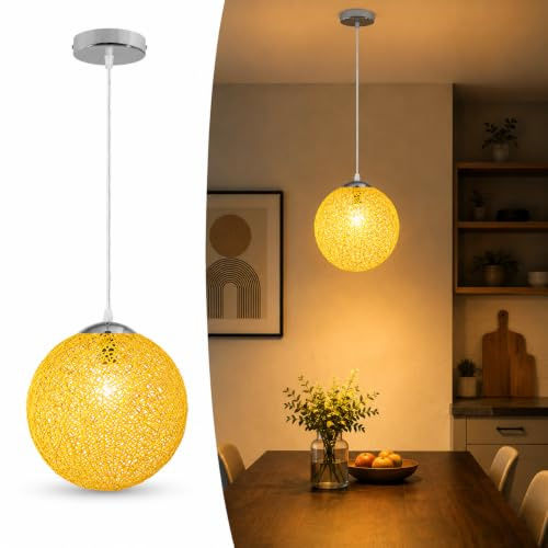 DC VOLTAGE Yellow Woven Rattan Pendant Light Globe Wicker Ceiling Lamp Kit | Retro 20cm String Ball Hanging Chandelier Style Shade with Adjustable Clear Cord & Chrome Canopy for Bed Dining Room Bar