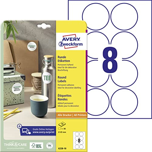 AVERY Zweckform 6228–10 runda etiketter (80 självhäftande prickar, Ø 69 mm till A4, runda klistermärken för tryck, självhäftande produktetiketter, permanent självhäftande syltetiketter) 10 ark, vit